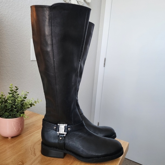 Vince Camuto Farren Leather Black Tall Riding Boots Logo Biker Grunge Moto 6.5 - Picture 1 of 11